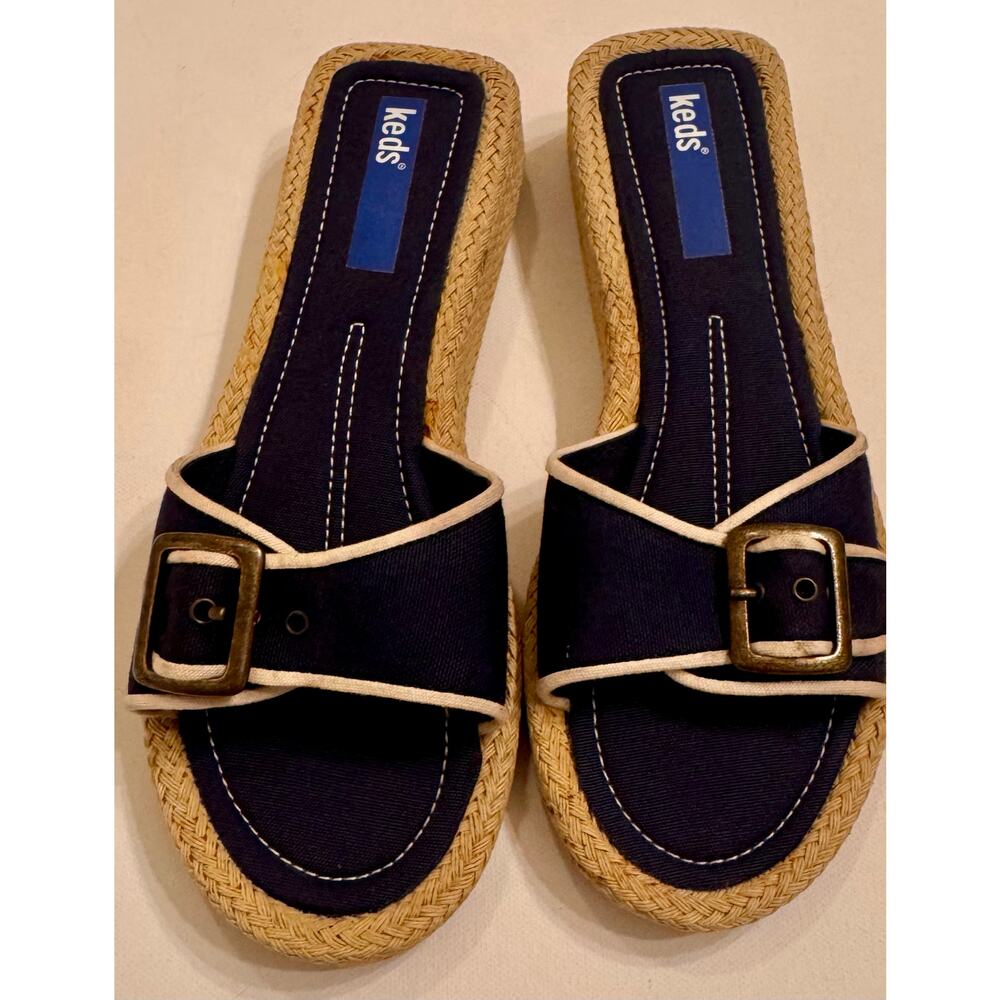 Keds Women's Espadrille Slide Buckle Sandals Vtg Y2K Navy/Tan Size 6